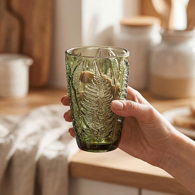 Vintage Green Drinking Glasses Set of 8, Mixed 10 oz & 12 oz Hand-Pressed Textured Glass Cups, Fern Embossed Retro Colored Glassware, Decorative Tumblers for Water & Cocktails, Boho Drinkware Gift Set
