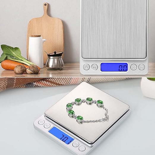 Small Digital Scale,3kg/0.1g,6.6lb,Kitchen Scale,Food Scale,with Blue Backlit LCD Display, 6 Units, Auto Off, Tare, PCS Function, Stainless Steel, Battery Included,Soft Tape Included(150cm)