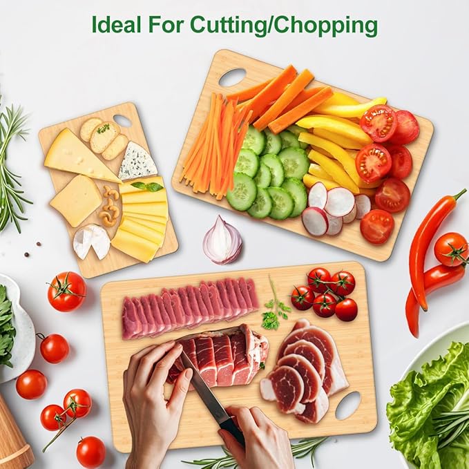 Wood Cutting Boards for Kitchen, Cutting Board Set of 3 Chopping Board for Meat/Vegetables/Cheese Knife Friendly Serving Tray with Holes