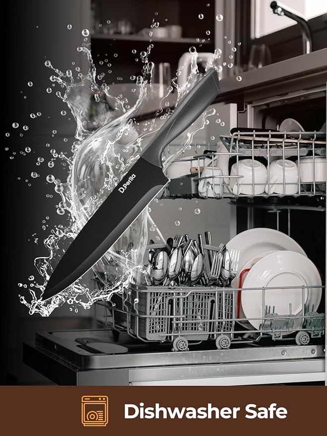 Knife Set, D.Perlla 8-Piece Kitchen Knife Set with Built-in Sharpener, Dishwasher Safe Non-stick & Non Rust, Black Coating Stainless Steel Knife Block Set, Sharp Chef Knives with Universal Knife Block