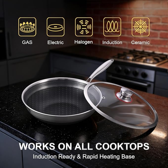 LOLYKITCH 13 Inch Hybrid Nonstick Wok with Lid, Double-Sided Honeycomb Stainless Steel Wok Pan, Long Handle, Induction Compatible, Oven & Dishwasher Safe
