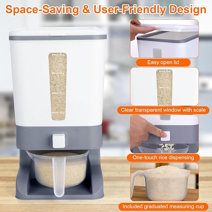 Mity rain Rice Dispenser 20 Lbs with Moisture Absorbing Clay, Rice Storage Container with Measuring Cup, 12 L Cereal Containers Storage Airtight for Kitchen Pantry Organization
