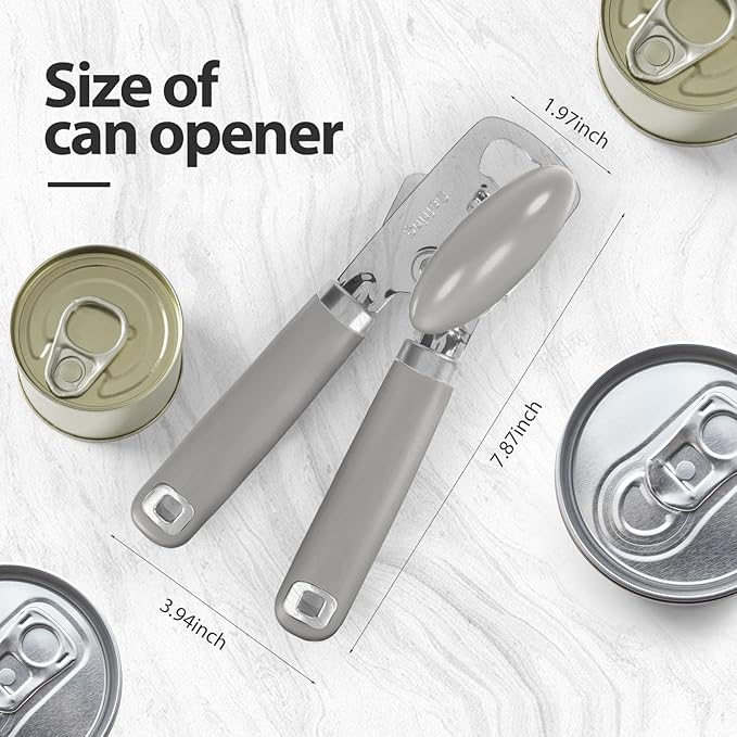 Can Opener Manual, Heavy Duty Stainless Steel Smooth Edge Can Opener With Soft Touch Handle, Oversized Handheld Easy Turn Knob, Multi-Function Bottle Opener, Gray