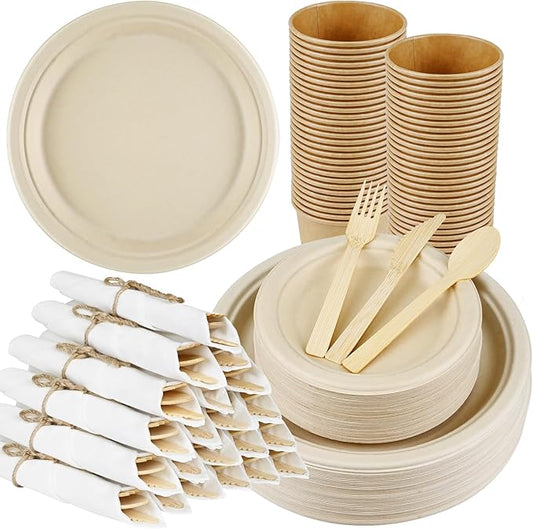 Compostable Disposable Dinnerware Set - 30pack Eco-Friendly Cutlery, Include: 30 10” and 7” Paper Plates, 30 Pre Rolled Napkins and Bamboo Cutlery Set, 30 Cups for Party