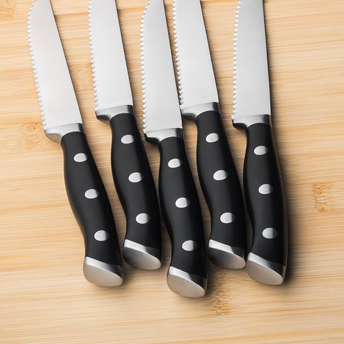 Alata 8-Piece Steak Knives Set with Block, 4.7 Inch with Serrated Edge Razor-Sharp Dinner Knives, Full-Tang Construction
