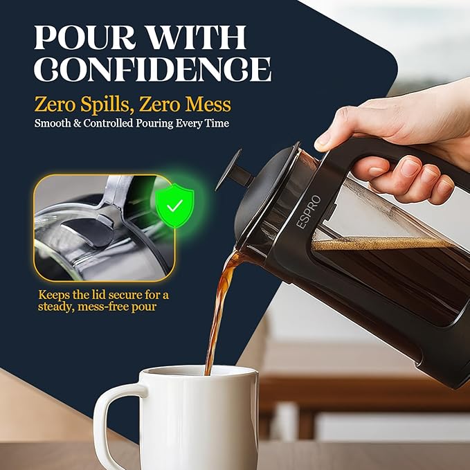 ESPRO P3 French Press Coffee Maker – Patented Double Micro-Filter for Grit-Free Brew, Heat Resistant thicker Borosilicate Glass Coffee press – (Black 32 oz)