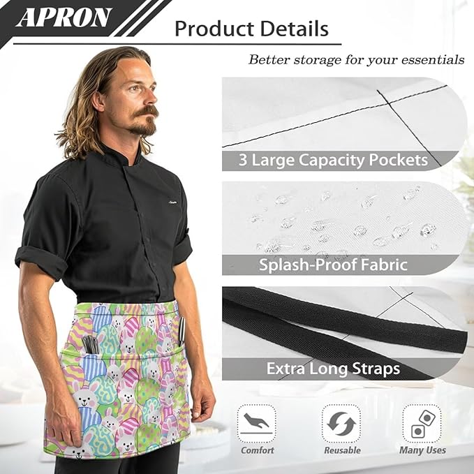 Server Waitress Waist Apron with 3 Pockets, Short Aprons for Servers,Waiter Apron For Waiter Accessories