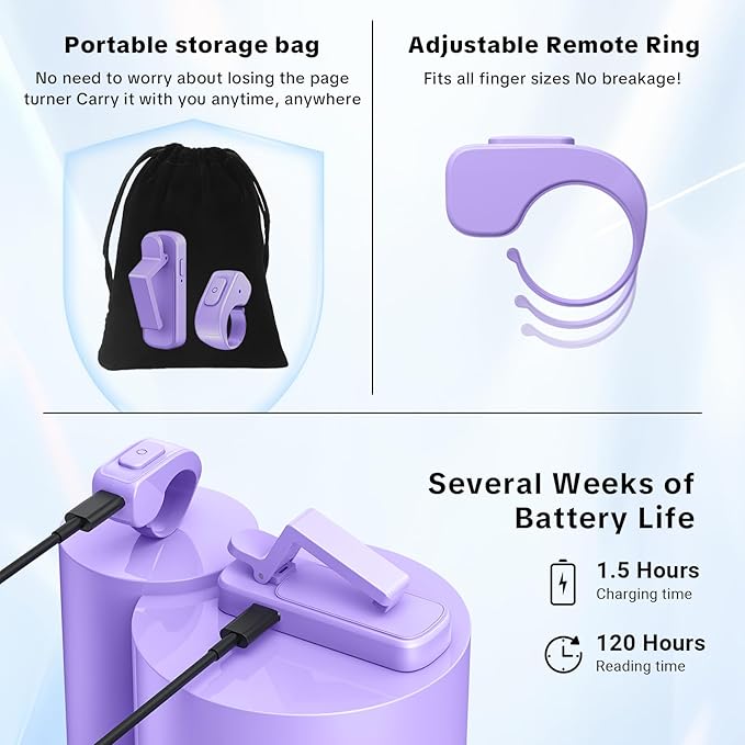 Remote Page Turner Ring for Kindle Paperwhite Oasis Scribe Kobo,Designed for Thick Cases Clicker Page Turner Camera Remote for iPhone iPad Android Tablets Reading Novels Comics with Storage Bag-Purple