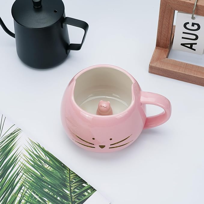 Koolkatkoo Cat Mug Cute Ceramic Coffee Mugs Hidden 3D Animal Inside Cup Novelty Tea Cup for Women Girl Gifts for Cat Lovers Holiday Mothers Day Christmas Birthday Gifts 12 oz Pink