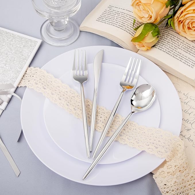 U-QE 120Pcs Silver Plastic Silverware, Luxury Plastic Cutlery, Heavy Weight Flatware, Silver Disposable Utensils Set Include 60 Forks, 30 Spoons, 30 Knives for Party