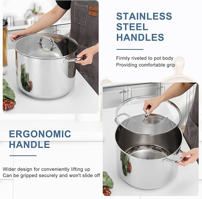 TeamFar Stainless Steel Stock Pot, 24QT Large Stockpot Tri-ply Bottom Cooking Soup Pot with Glass Lid, for Induction Gas Glass Stovetops, Non Toxic & Heavy Duty, Large Size & Easy Clean