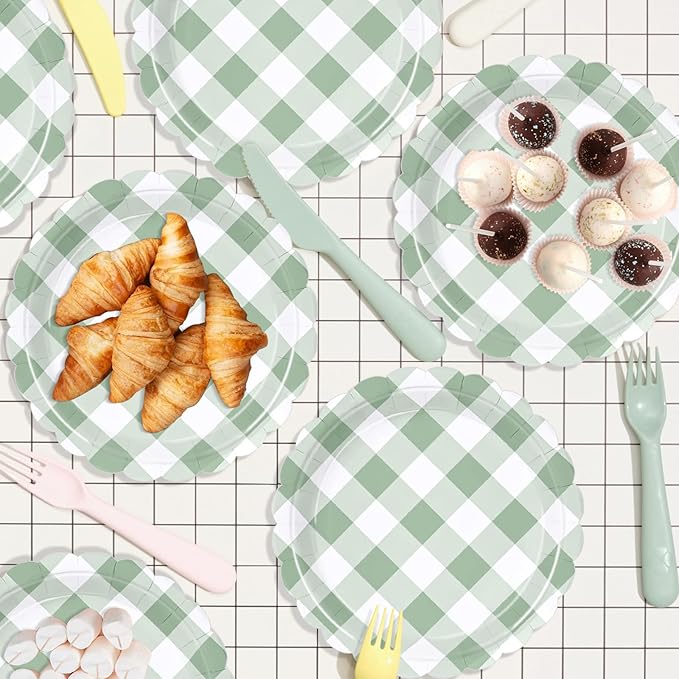 48 Pcs 7" Green Gingham Paper Plates Light Green & White Scalloped Checkered Party Plates, Pastel Plaid Dessert Table Supplies for BBQ Gathering Picnic Baby Shower Birthday Dinner Party Tableware