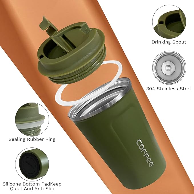 Travel Coffee Mugs Leak-Proof, Reusable Coffee Cups with Lids, Stainless Steel Vacuum Insulated Coffee Tumblers, Thermal Insulation Cups for Men and Women Hot & Cold Drinks(2nd-Green, 17OZ)