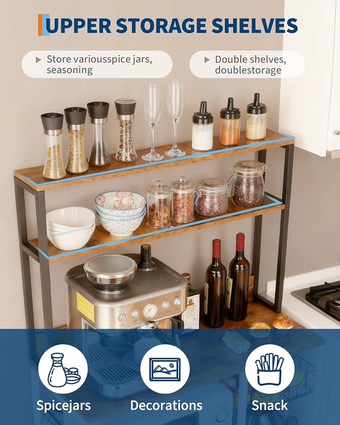 IDEALHOUSE Kitchen Bakers Rack with Power Outlets, 5-Tier Microwave Stand with 2 AC Outlets, USB & Type-C Ports, Coffee Bar Station with 6 S-Hooks and Basket, 35.43 x 15.75 x 60 Rustic Brown