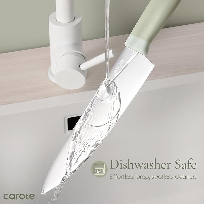 CAROTE 9 Pieces Kitchen Knife Block Set with Sharpener, Dishwasher Safe Knives for Kitchen, Forged Cutlery with Razor-Sharp Stainless Steel Blades, Green