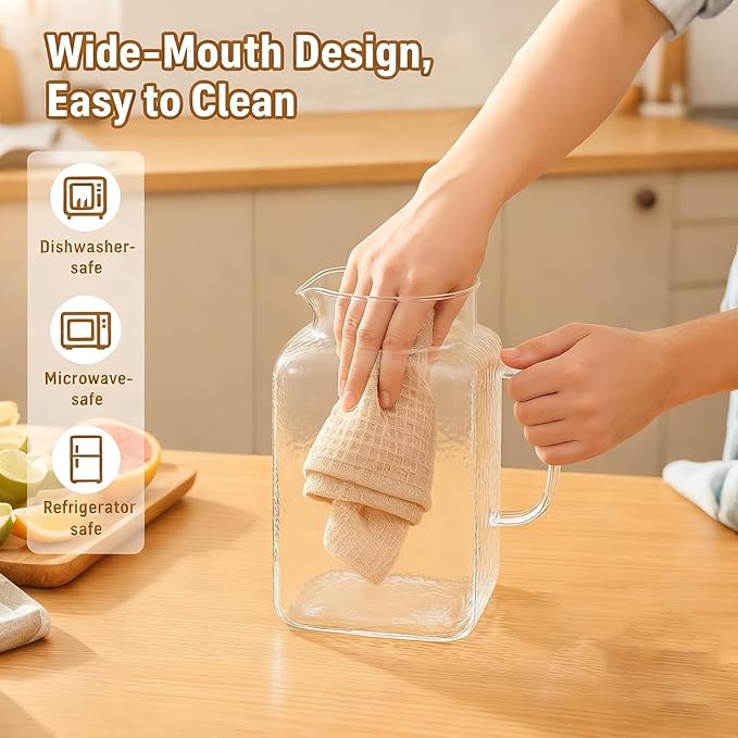 1 Gallon Glass Pitcher with Lid, Glass Water Pitcher with Handle for Fridge, Iced Tea Pitcher, Cold/Hot water jug,Large Jug for Coffee, Juice and Homemade Beverage（Free anti-scratch pad）