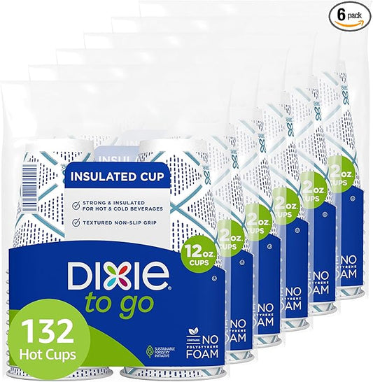 Dixie To Go Paper Coffee Cups, 12 oz, 132 Count (6 packs of 22 cups), Disposable Insulated Paper Cups for On-The-Go Hot or Cold Beverages