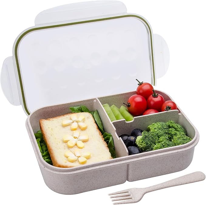Wheat Straw Lunch Box, Leakproof 3-Compartment Bento Box for Kids & Adults, BPA-Free, Microwave & Dishwasher Safe, 5.5 Cup/1400 ml, White