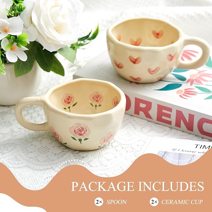 Vesici 2 Pcs Ceramic Coffee Mugs with Spoon, Vintage Floral Spring Mugs with Handle, 8.5 oz Aesthetic Flower Porcelain Tea Cup Set, Dishwasher & Microwave Safe for Home Office Gift(Heart,Rose)