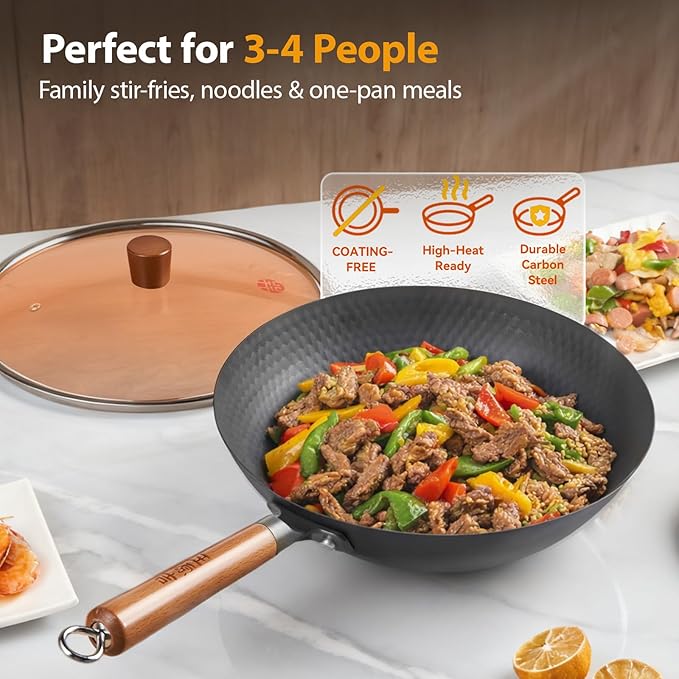 WANGYUANJI Carbon Steel Wok Pan with Lid (12.6"), Ultra-Lightweight 2.9lb Stir Fry Pan for Electric, Induction & Gas Stoves, Pre-Seasoned Flat Bottom Iron Skillet with Spatula, No Chemical Coating