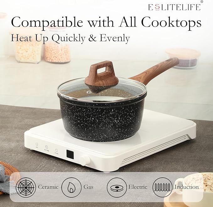 ESLITE LIFE 1.5 QT & 2.5 QT Sauce Pan Set with Lids, Nonstick Small Soup Pot Compatible with All Stovetops (Gas, Electric & Induction), PFOA Free, Black