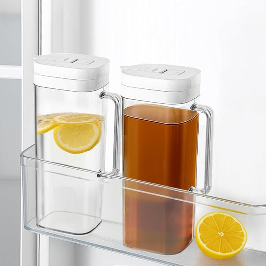 [2-PACK] SlimFit 64oz Water Pitcher for Fridge Door – Leakproof Drink Pitcher with Lid, Juice, Iced Tea, Cold Brew & Parties, BPA-Free Plastic, White