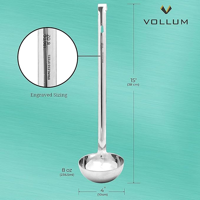 1-Piece Ladle Heavy Duty Thick Stainless Steel - 8 Ounce (3.9" Bowl Diameter, 15.1" Handle Length)