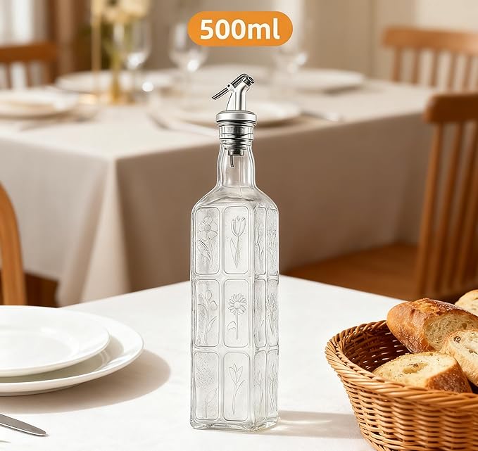 Glass Olive Oil Bottle Dispenser with Stainless Steel Nozzle Plug, 500ml Flowers Bouquet Embossed Square Oil and Vinegar Cruet, Oil Dispensers Carafe Decanter for Kitchen, 16.9 oz(Transparent)