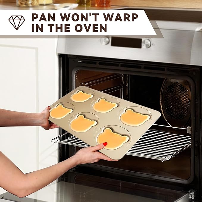 6 Cavity English Muffin Pans, Bear-Shaped Donut Mold Cake Pan, Straight Side English Muffin Cupcake Pan with Lid, Non-Stick Madeleine Doughnut Pans for Bear Cake Decoration
