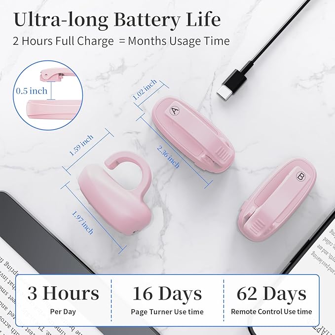 [2 Clips] Finger Ring Kindle Page Turner Remote Control for Paperwhite: Rechargeable Wireless Clicker for Reading on Bed for iPhone Android iPad, Camera Shutter & Video Record Accessories (Pink)