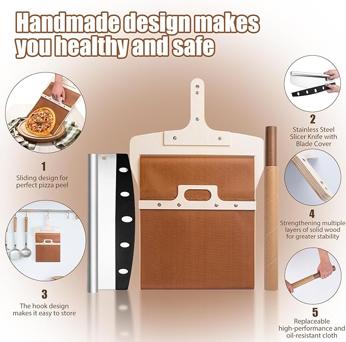 Sliding Pizza Peel, Pizza Slider Paddle with Pizza Cutter Rocker, Non-Stick Pizza Peel Slider with Handle Detachable Transfers Pizza Pie, 12” Wood Sliding Pizza Peel with Replacement Cloth