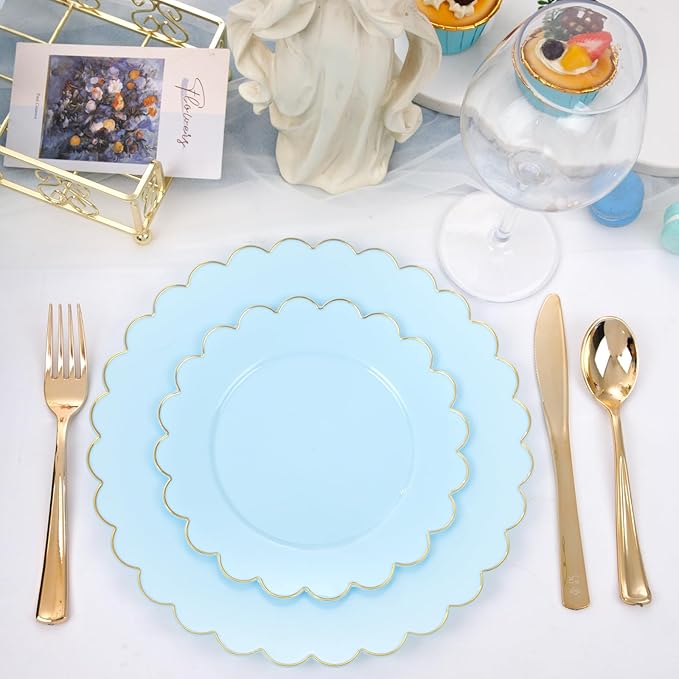 LIYH 60 Pcs Baby Blue Plastic Plates with Gold Edge - Disposable Light Blue Plastic Easter Plates Includes 30 Dinner Plate 10.25" and 30 Dessert Plate 7.5" for Party Birthday Easter
