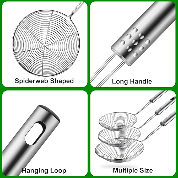 Spider Strainer Set of 3 Asian Strainer Ladle Stainless Steel Wire Skimmer Spoon with Handle for Kitchen Frying Food, Pasta, Spaghetti, Noodle-30.5cm, 32cm, 35cm