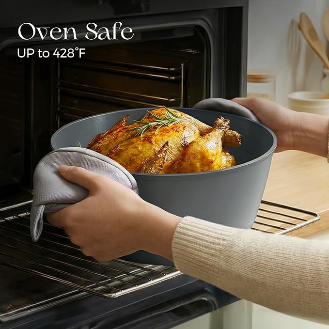 PRICUSIS Ceramic Nonstick Stock Pot with Silicone Rim Glass Lid, 4.5/7 QT Soup Pot Casserole, Cooking Pot, Induction Compatible, Dishwasher & Oven Safe, Ideal for Pasta, Bake & Stews, Blueberry Gray