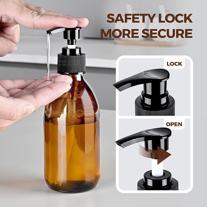 8 oz Amber Glass Pump Bottle, 250ml Glass Soap Dispenser Bottle for Body Lotion Massage Oil, Refillable Empty Hand and Dish Soap Dispensers Set with Labels - 2 Pack