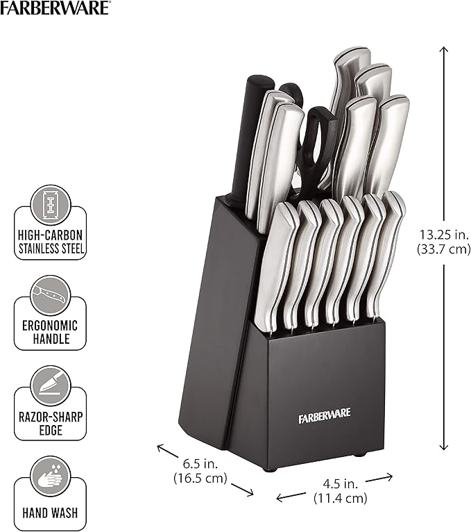 Farberware 15-Piece Kitchen Knife Set, High-Carbon Stainless Steel Blades with Wood Block, Steak Knives, Sharpening Tool & All-Purpose Shears, Razor Sharp, Ergonomic Stainless Steel Handles
