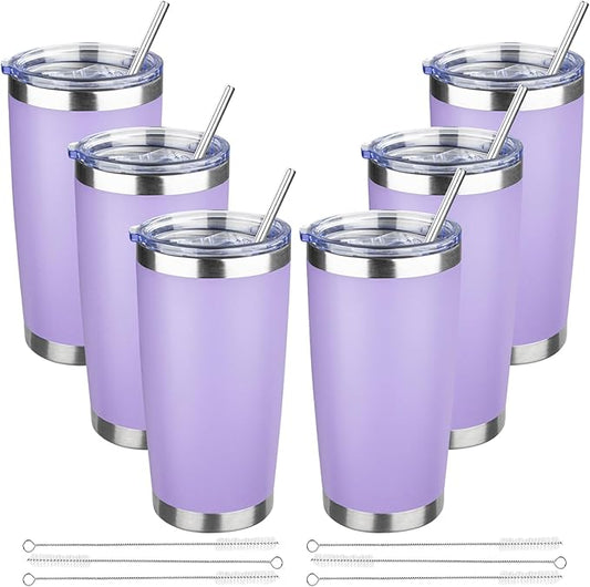 20 oz Tumbler with Lids and Straws, Stainless Steel Insulated Travel Coffee Mug, Double Wall Vacuum Insulated Tumblers, Powder Coated Coffee Tumbler for Cold & Hot Drinks (Light Purple,6pack)