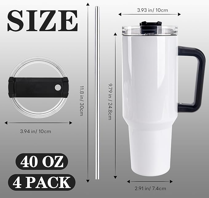 D·S 4 Pack Sublimation Tumblers 40 OZ with Handle Blank Insulated Large Tumbler Bulk, Coffee Travel Cups Stainless Steel Travel Mug for Diy Craft Heat Press Print