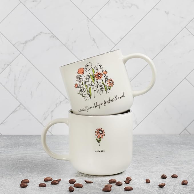 Christian Art Gifts Sage Green Floral Ceramic Coffee Mug – 15 oz. Microwave and Dishwasher-safe Inspirational Scripture Coffee and Tea Mug for Friends with Bible Verse: Sweet Friendship –Proverbs 27:9