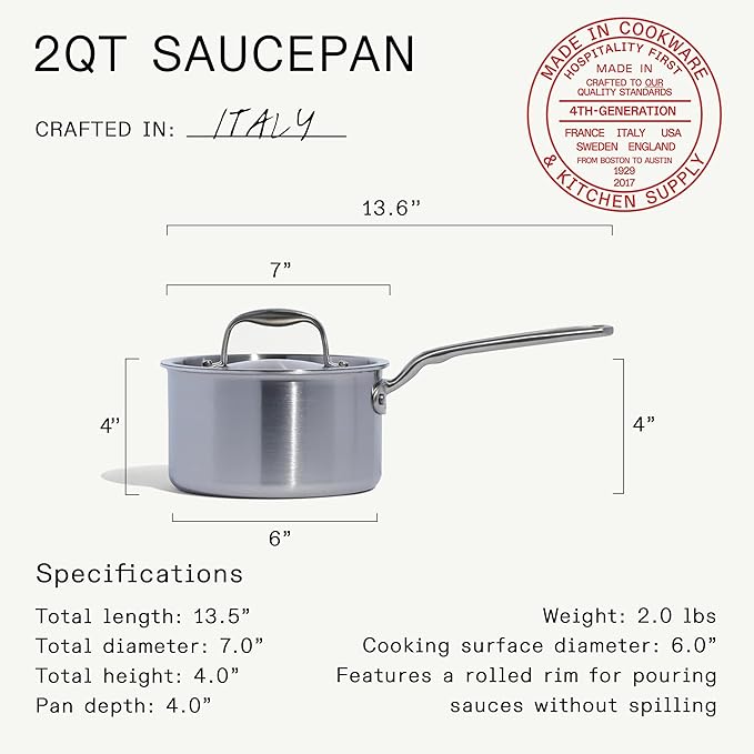 Made In Cookware - 2 Quart Saucepan with Lid - Stainless Clad 5 Ply Construction - Induction Compatible - Professional Cookware - Made in Italy