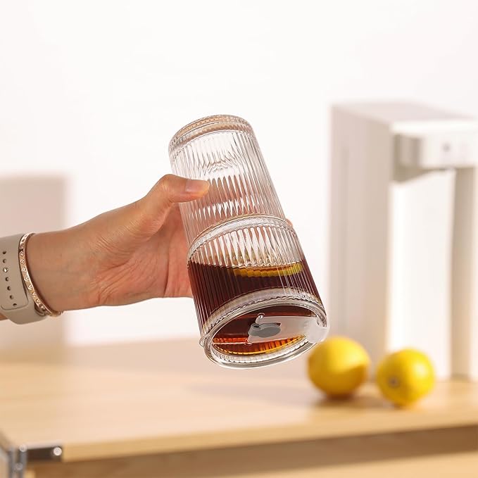 Ribbed Drinking Glasses with Lids & Straws, Leak-Proof 20oz and 15oz Glass Cups, 4PCS Glass Tumblers, Ideal for Home, Office, Outdoor Use