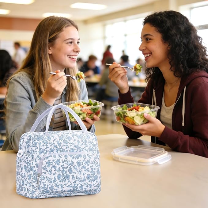 Lunch Box for Women Insulated Lunch Bag Women Adult Cute Lunch Bags Reusable Lunchbox Cooler Tote Bag for Work Picnic (Blue-Floral)