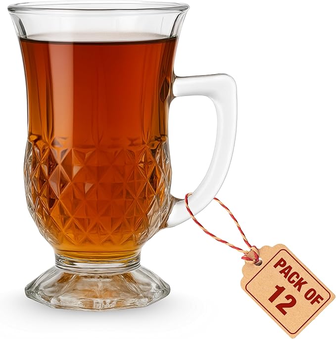 Footed Turkish Tea Glasses With Handle, Set of 12 Cups, Crystal Clear Tea and Latte Glasses, Slim Waist Design and Thick Sole Prevent the Drinks From Getting Cold, Dishwasher Safe, 5.5 oz