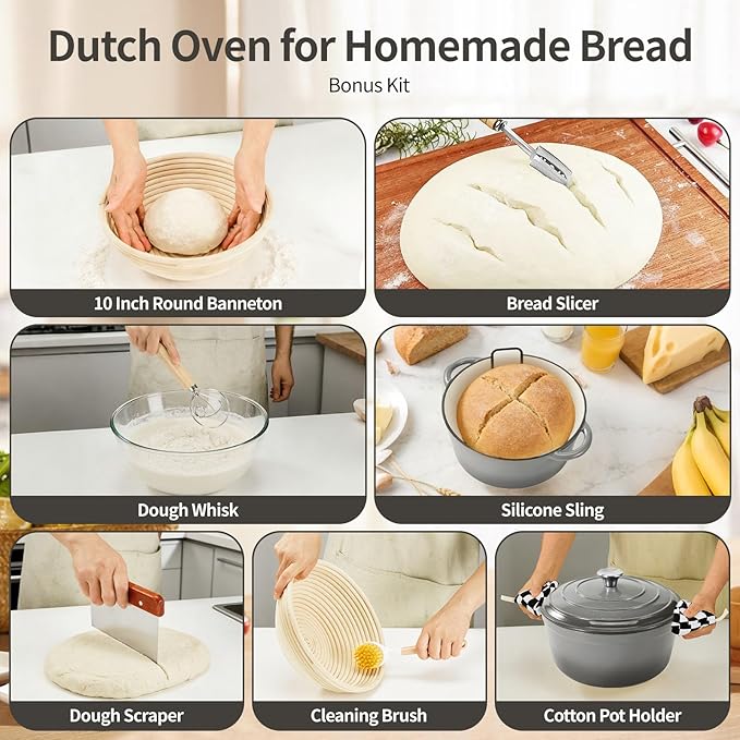 Enameled Cast Iron Dutch Oven with Lid -6.5 QT, incl. Sourdough Bread-Baking Supplies like Banneton Proofing Basket, Heavy Duty Cookware Bread-Oven for Baking, Stews, and Roasting, Gray
