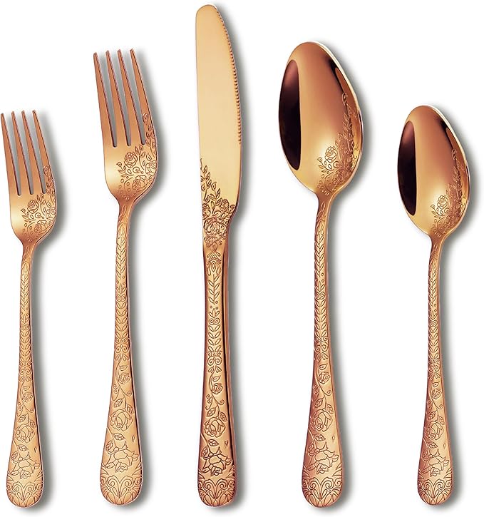Runfly Vintage Carved Floral Rose Gold/Copper Silverware Set for 4, Stainless Steel 20-Piece Flatware Set with Knife/Fork/Spoon, Cutlery Set for Home and Kitchen, Modern Utensil Set