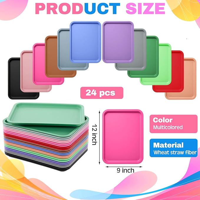 Mumufy 24 Pcs Plastic Fast Food Trays Bulk Colorful Restaurant Serving Trays Cafeteria Rectangular Plastic Serving Platter Grill for Kitchen Restaurant Coffee (Classic Color)