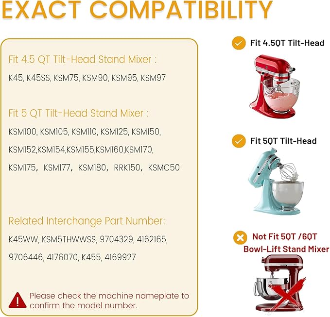 K45WW Whisk Attachment Fits KitchenAid, 6 Wire Whip for 4.5 5 Quart KitchenAid Tilt-Head Stand Mixer，Compatible with Kitchen Aid Accessories K45,K45SS,KSM75,KSM90,KSM110,KSM150, Handwash Only