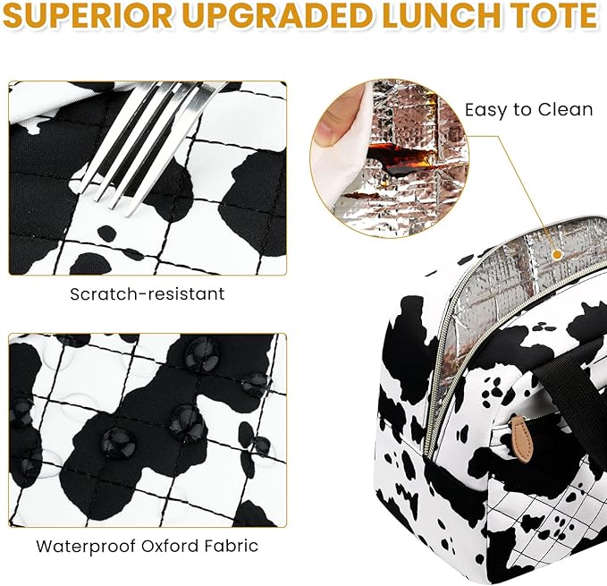 Insulated Lunch Bag for Women, Portable Lightweight Lunch Box for Adults, Reusable Small Lunch Tote Cooler Bags with Front Zipper Pocket for Work School Picnic(Cow)