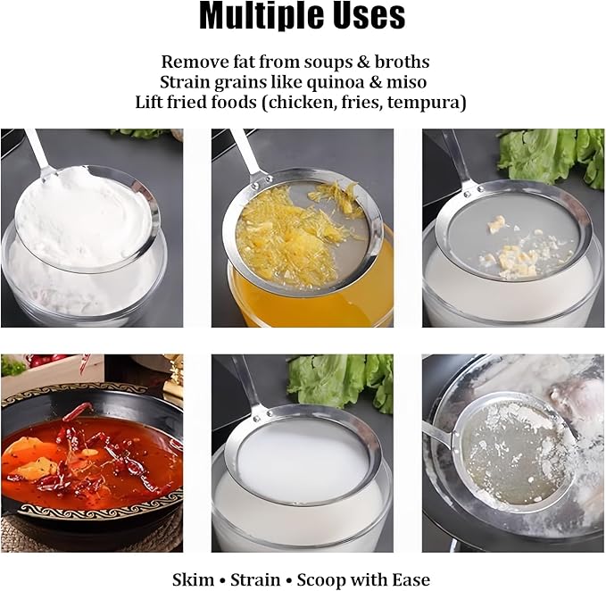 3 Pack Fat Skimmer Spoon Multi-Functional Stainless Steel Hot Pot Fat Strainer with Fine Mesh (4”, 4.7”, 5.5”) Long Handle for Frying, Soup, Quinoa, Miso