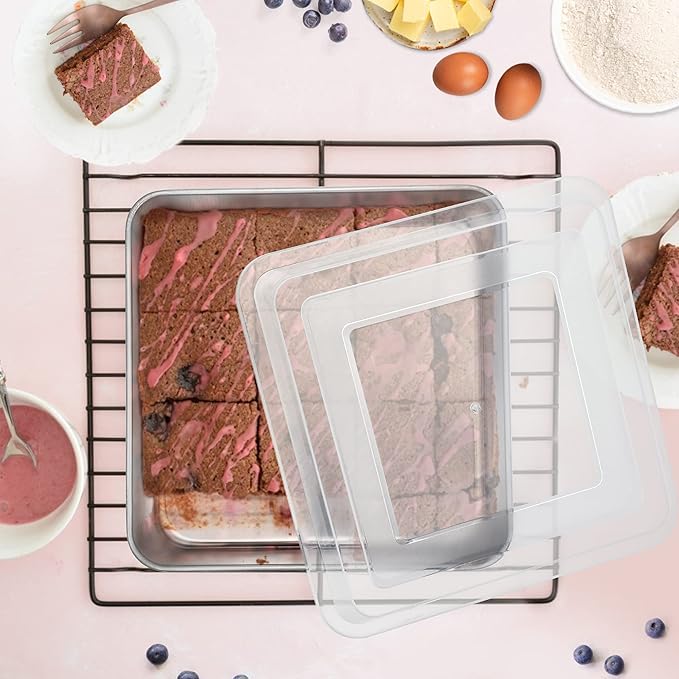 E-far 9 Inch Square Cake Pan with lid, 9x9 Baking Brownie Pans Stainless Steel Bakeware Set of 2, Non-toxic & Healthy, Easy Clean & Dishwasher Safe - 4 Pieces(2 Pans + 2 Lids)